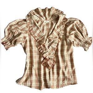 New Easel Brown & Beige Plaid Ruffled VNeck Puff Sleeve Vintage Inspired Blouse